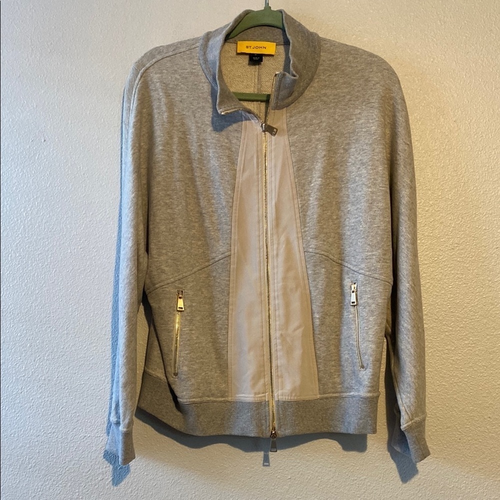 St. John Size Small French Terry Cotton Silk Trim Gray Full Zip Jacket Casual